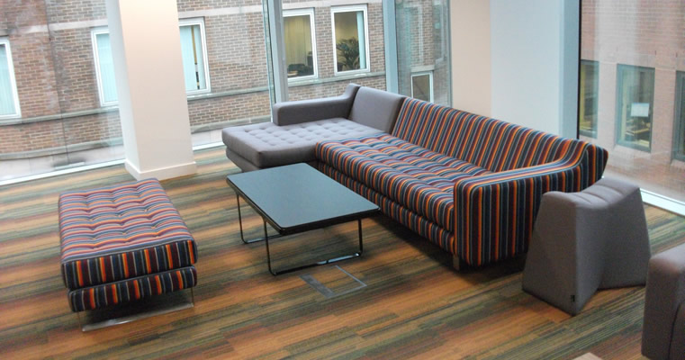 Traditional college social space with settee