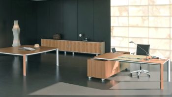 Beech executive desk, table and storage