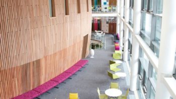 Shared social area seen from upper stairway