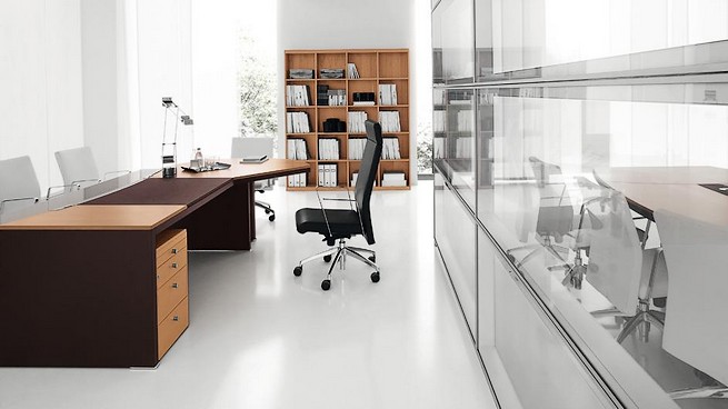Archiutti Furniture - Angled desk, bookcase and glass panels