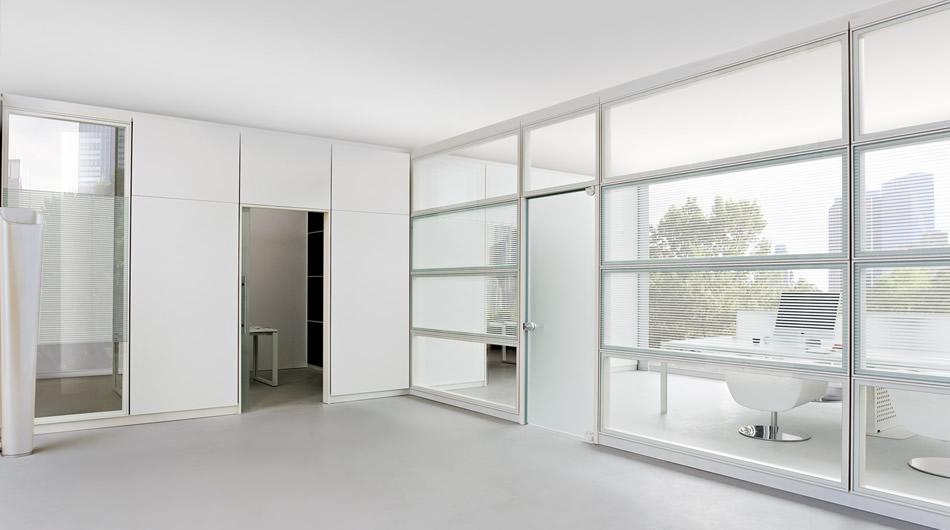 Glass and white wood office walls
